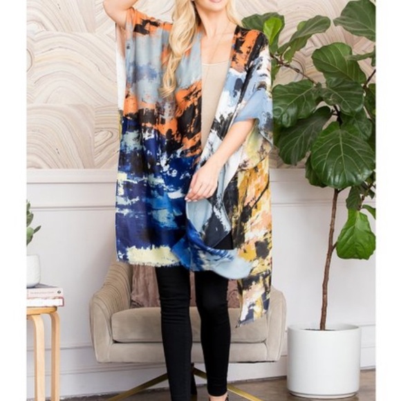 Riah Fashion blue distressed paint splatter open front layering kimono shawl - Picture 2 of 15